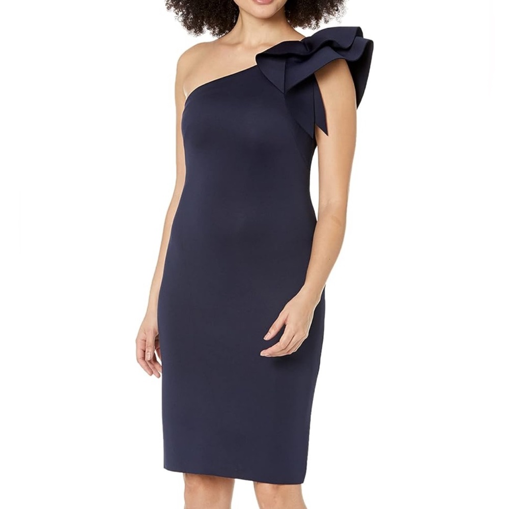 Eliza J One Shoulder Scuba Cocktail Dress Ruffle Sleeve